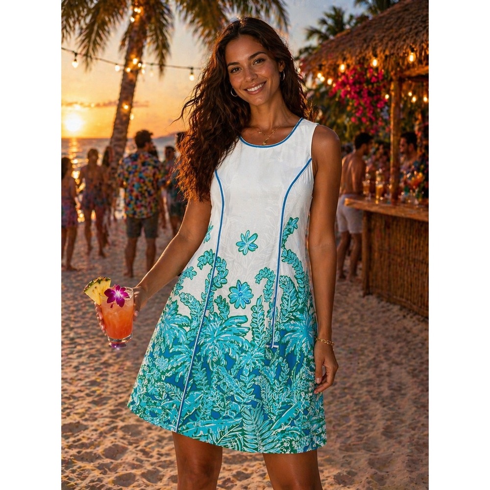 Lilly Pulitzer Carlow Shift Dress 0 White Blue Green Palm Party Floral Resort